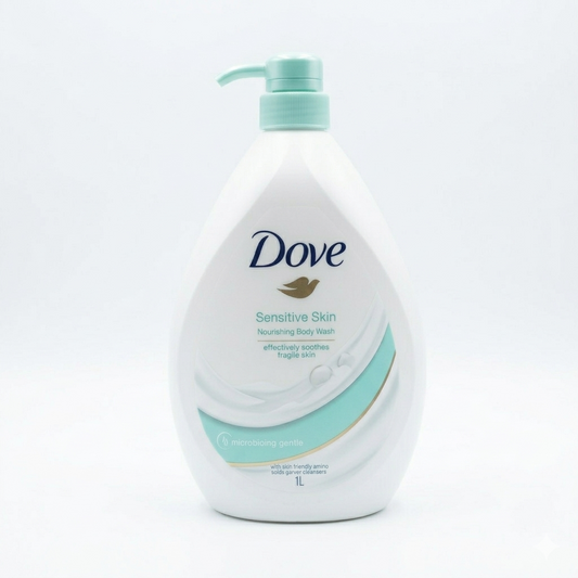 Dove Sensitive Skin body wash bottle on a white background
