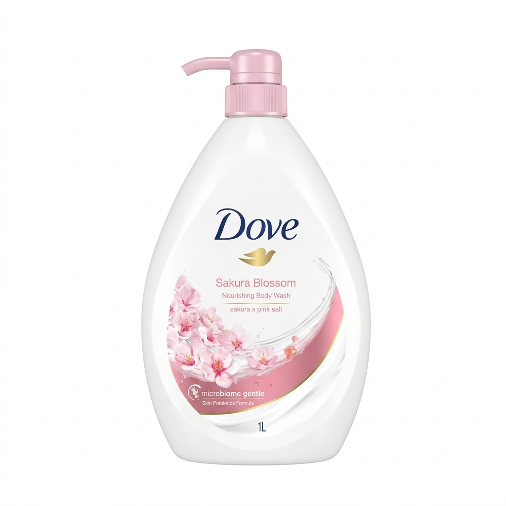 Dove Sakura Blossom body wash bottle with pump on a white background