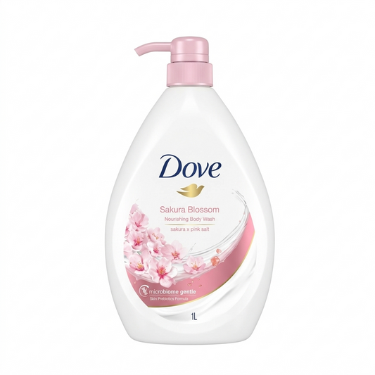 Dove Sakura Blossom body wash bottle with pump on a white background