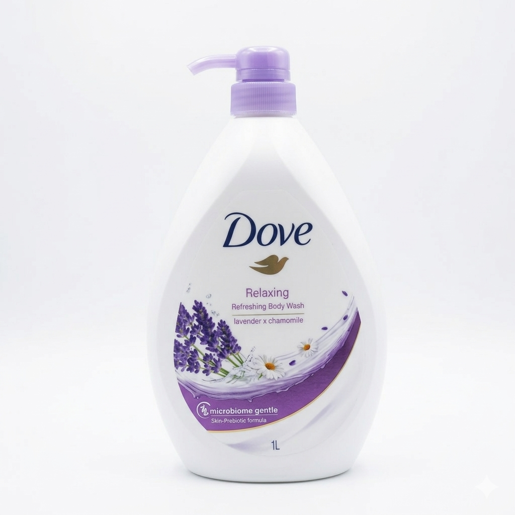 Dove body wash bottle with lavender design on a white background