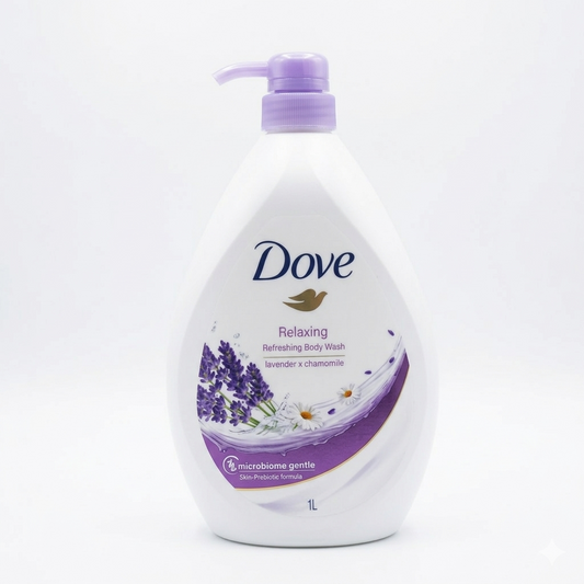 Dove body wash bottle with lavender design on a white background