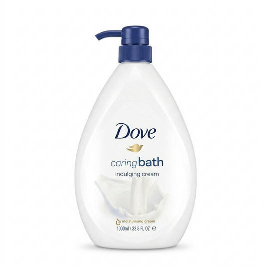Dove caring bath indulging cream bottle on a white background