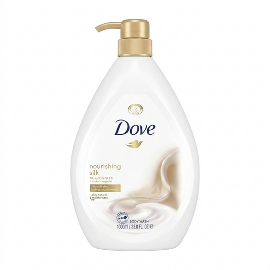 Dove nourishing silk body wash bottle with pump on a white background