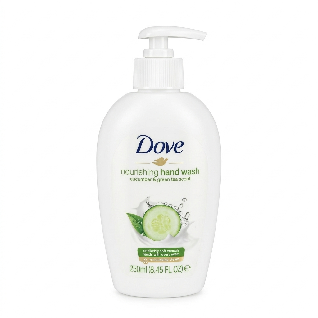 Dove nourishing hand wash bottle with cucumber and green tea scent on a white background