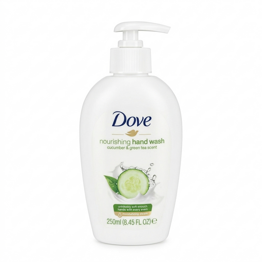 Dove nourishing hand wash bottle with cucumber and green tea scent on a white background