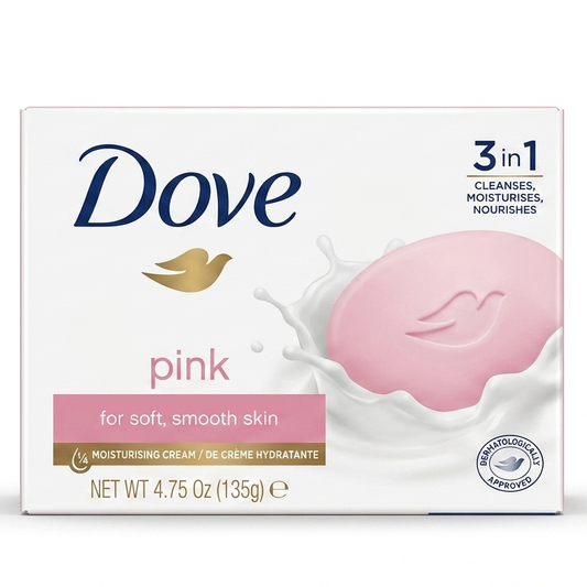 Dove pink soap bar packaging on a white background