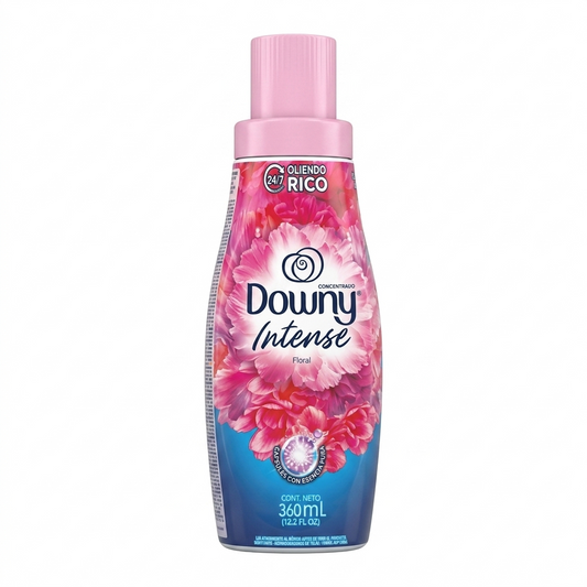 Downy Intense fabric softener bottle with floral design on a white background