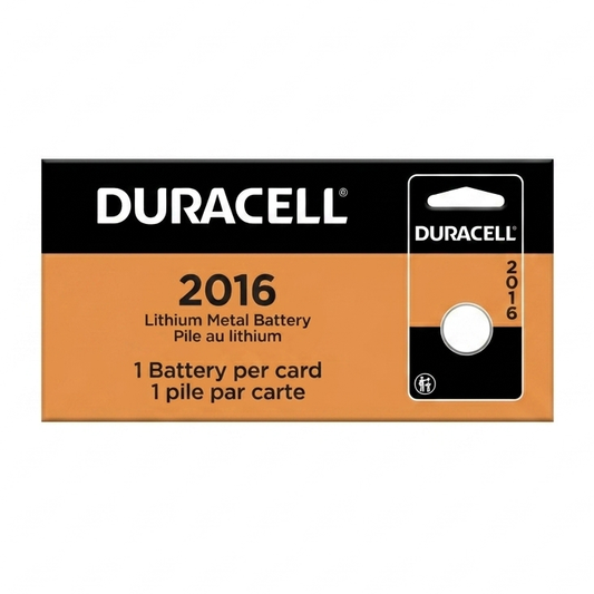 Duracell 2016 lithium metal battery packaging on a white background