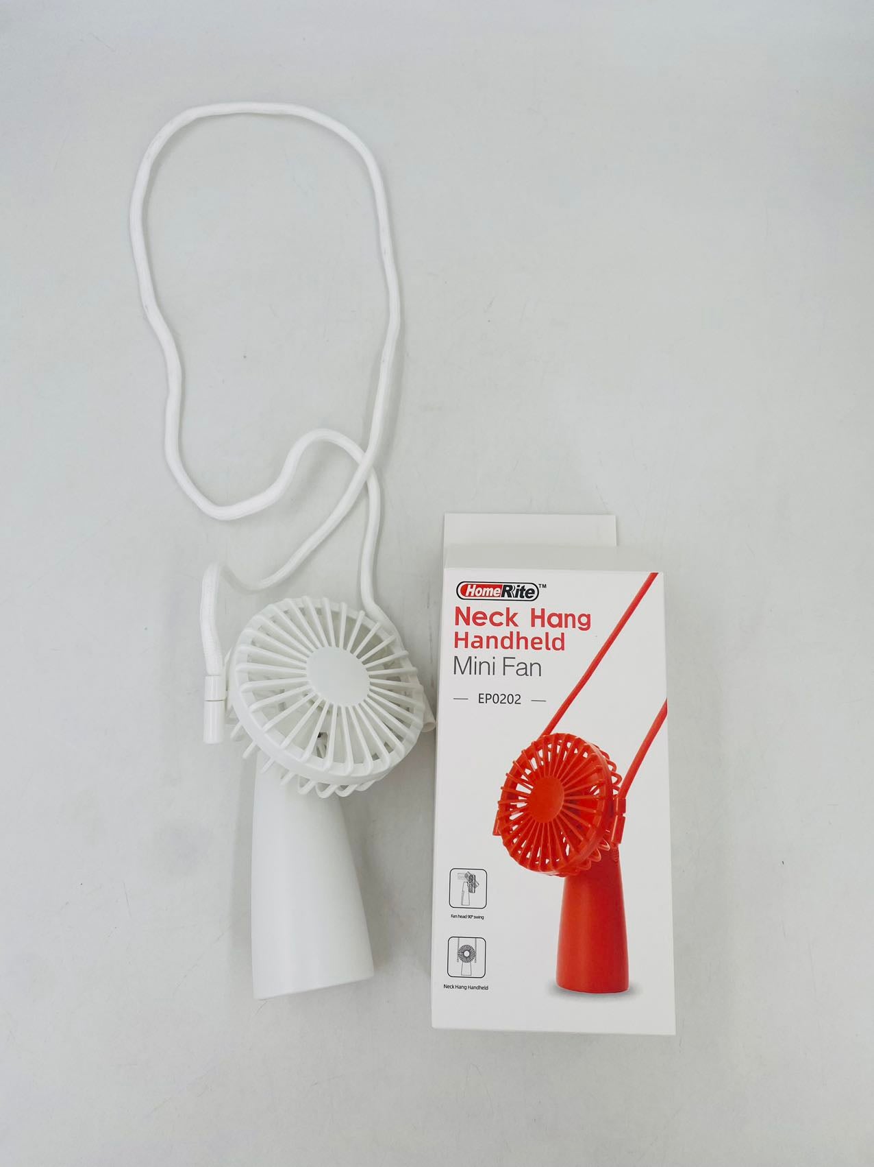 A white handheld mini fan with a red detail, alongside its packaging box which has the product name and image of the fan.