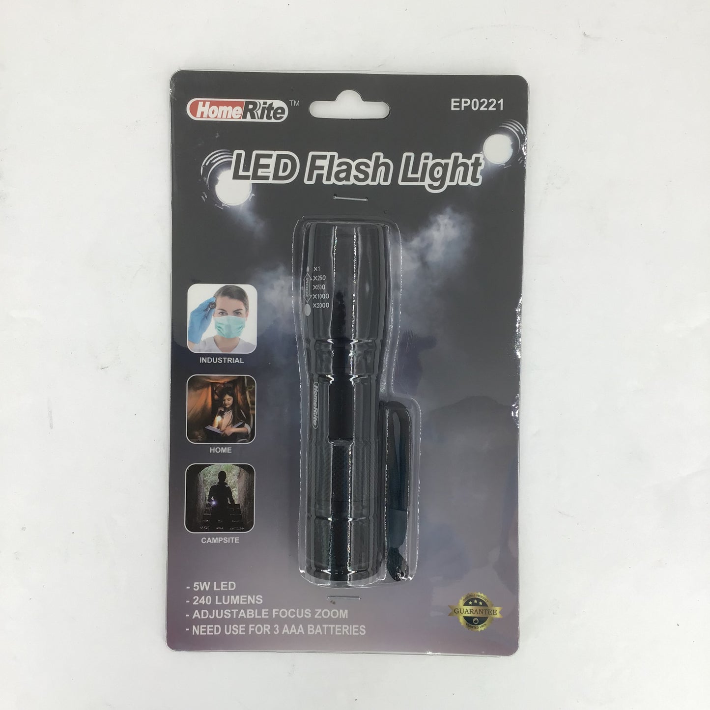 LED flashlight packaging with 'Home Rite' branding on a white background