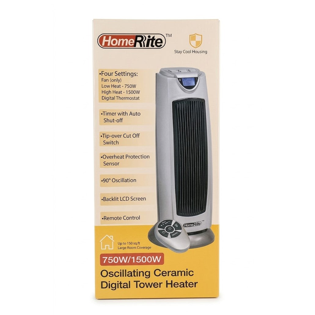 HomeRite Oscillating Ceramic Digital Tower Heater (750W / 1500W) - Remote Control & LCD Display