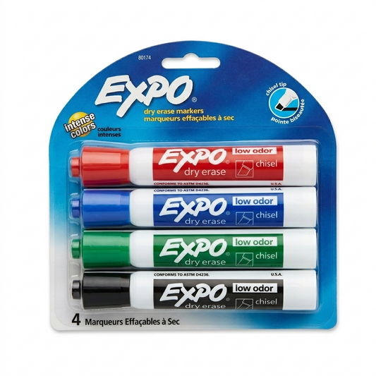 Pack of Expo dry erase markers in red, blue, green, and black with packaging on a white background.