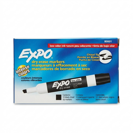 Box of Expo dry erase markers with a chisel tip on a white background