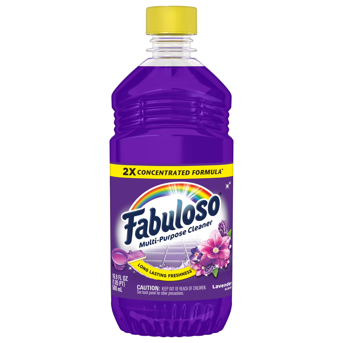 A bottle of Fabuloso Multi-Purpose Cleaner in Lavender, featuring a purple plastic bottle with a yellow cap and a matching purple label with a rainbow and lavender flower illustration.