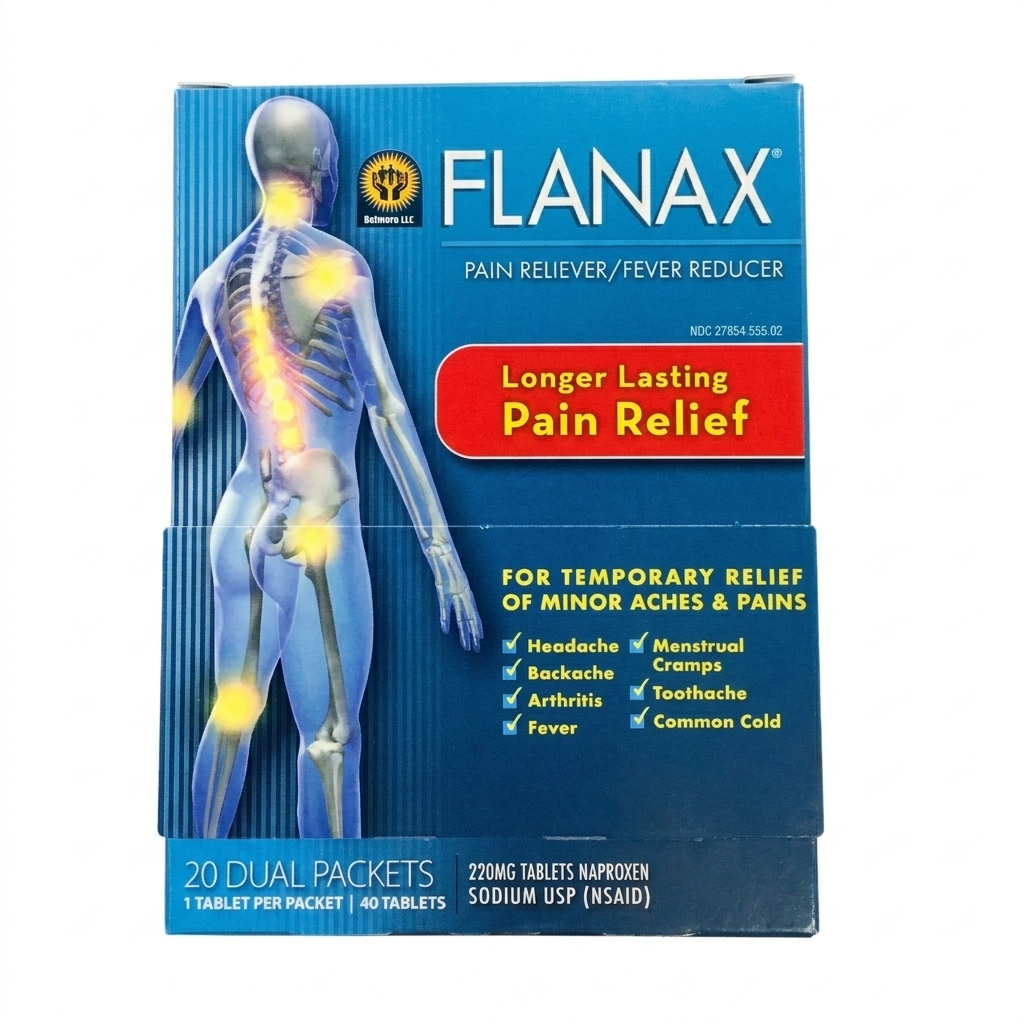 Flanax pain reliever packaging with a human body illustration on a blue background