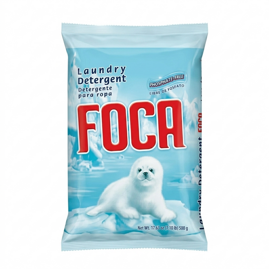 Foca laundry detergent package with a seal on an iceberg