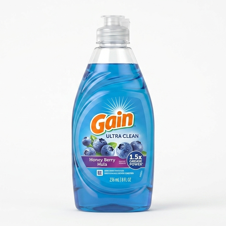 Gain Ultra Clean dish soap bottle with blue liquid on a white background