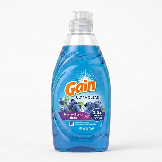 Gain Ultra Clean dish soap bottle with blue liquid on a white background