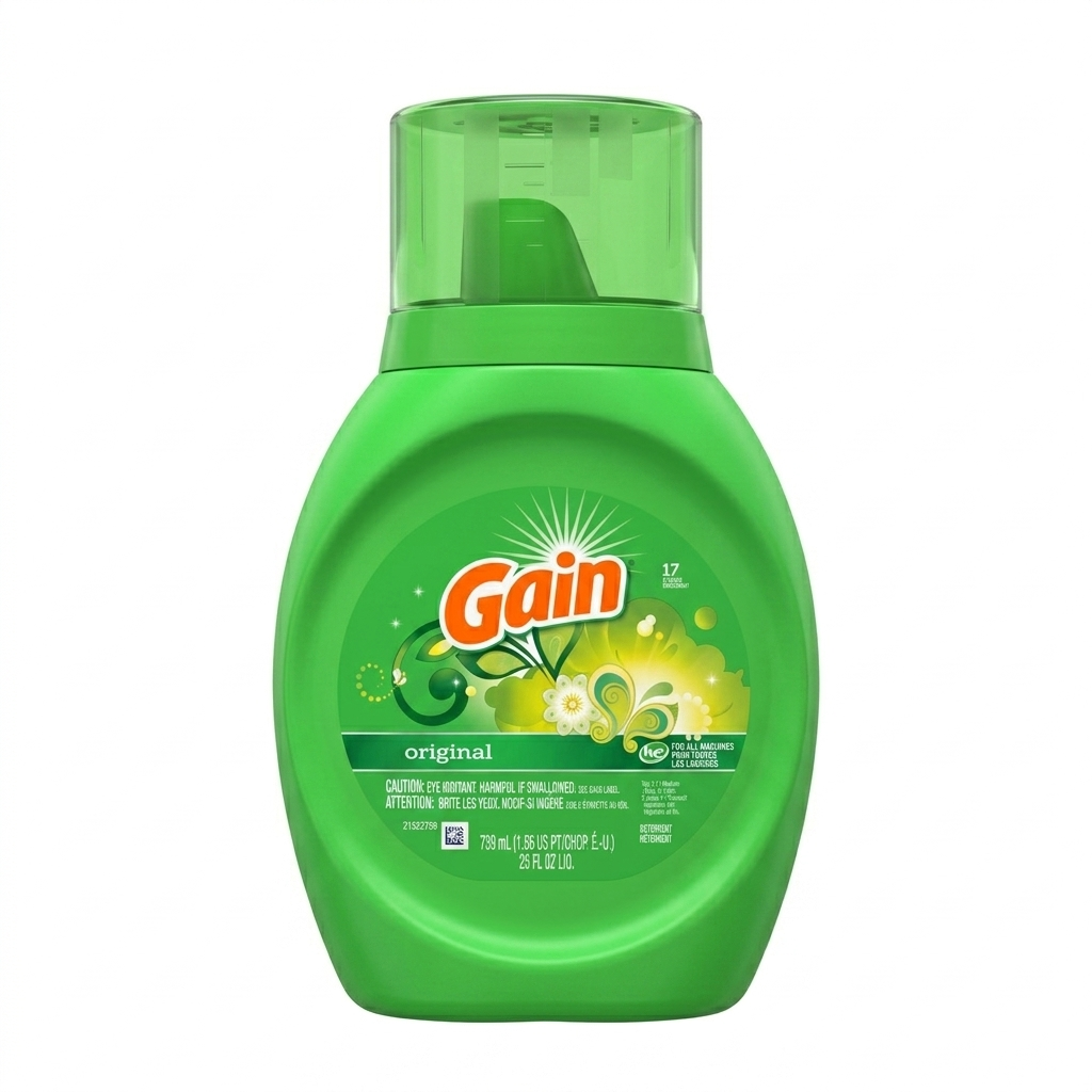 Green bottle of Gain laundry detergent on a white background