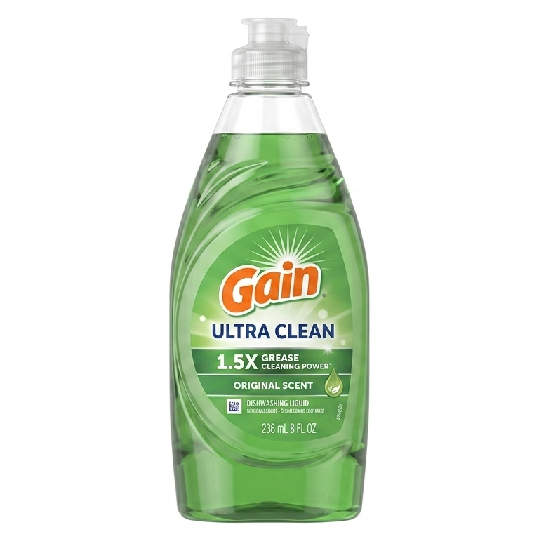Gain Ultra Clean dishwashing liquid bottle on a white background