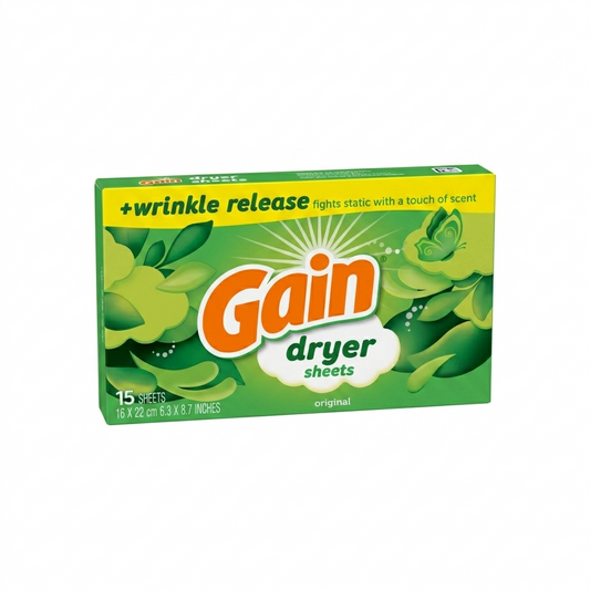Box of Gain dryer sheets with green design on a white background