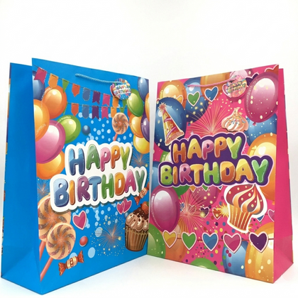 Two colorful birthday gift bags with 'Happy Birthday' text and festive designs on a white background.