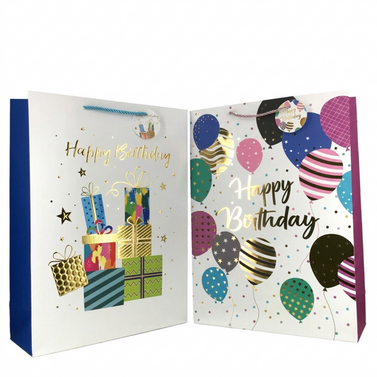 Open birthday gift bag with 'Happy Birthday' text and colorful designs on a white background
