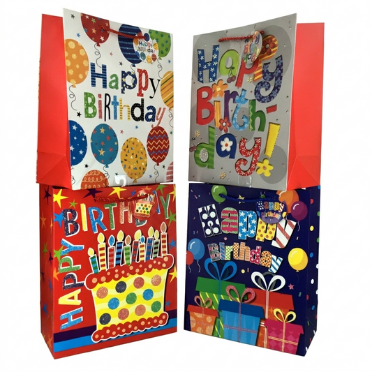 Four colorful birthday-themed gift bags with 'Happy Birthday!' text.