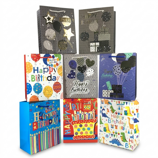 Collection of colorful birthday greeting cards with various designs on a white background.