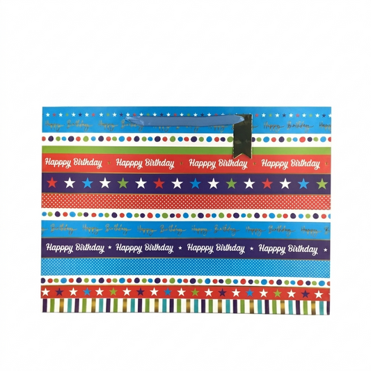 Colorful birthday-themed gift bag with text and patterns on a white background