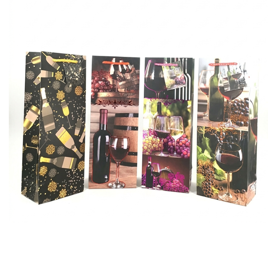 Four wine-themed gift bags with different designs on a white background