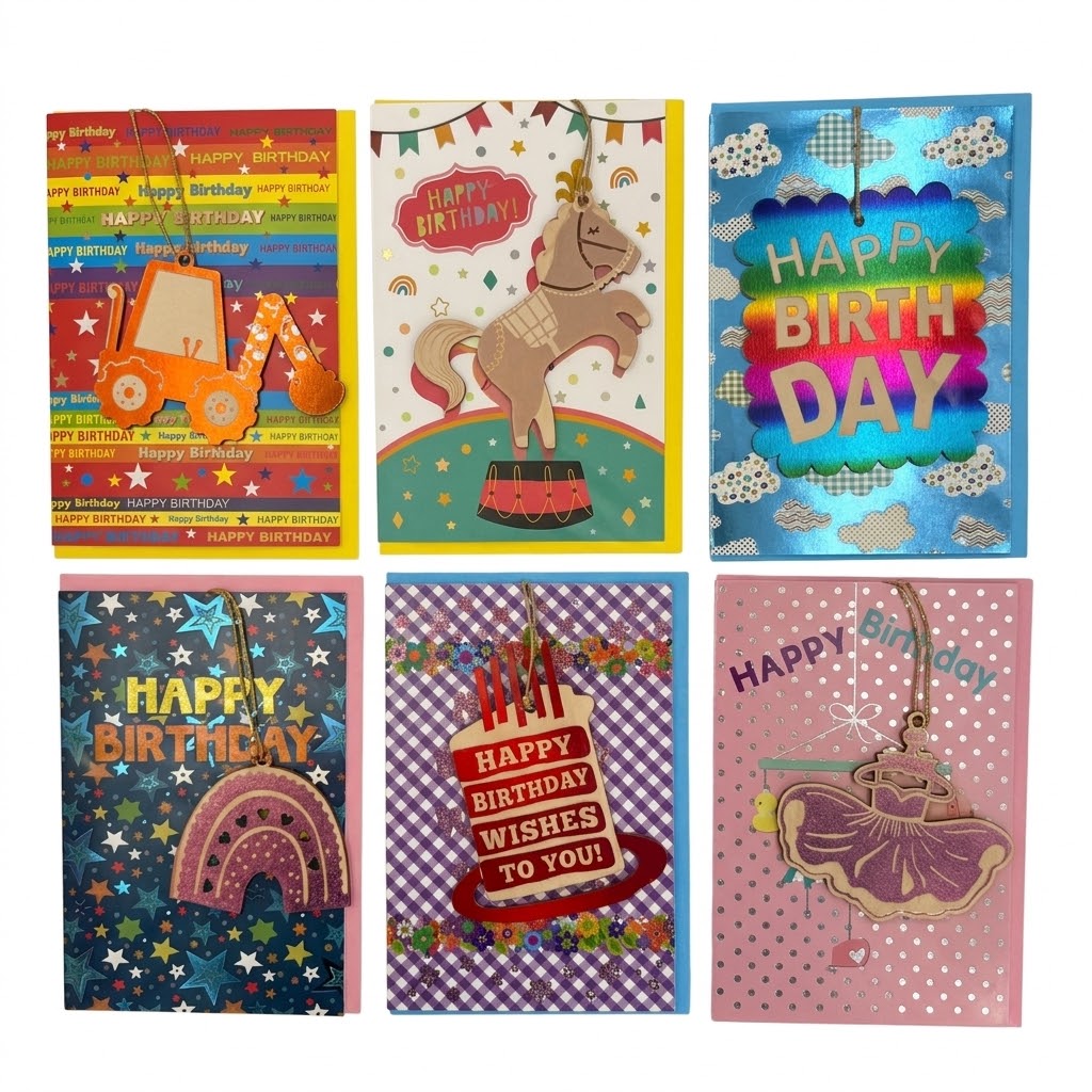 GiftRite Happy Birthday Greeting Cards with Wooden Ornaments, Wholesale