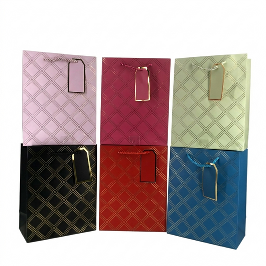 Set of six colorful gift bags with diamond patterns on a white background