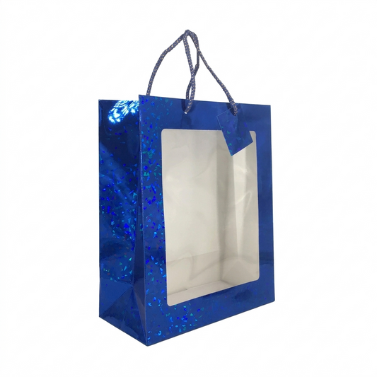 Blue glittery gift bag with a clear window on a white background