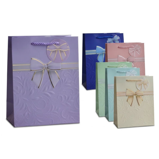 Giftrite Large Embossed Floral Paper Gift Bags with Ribbon Bow Accent & Gift Tags, 13" x 10" x 5", Assorted Colors | Wholesale