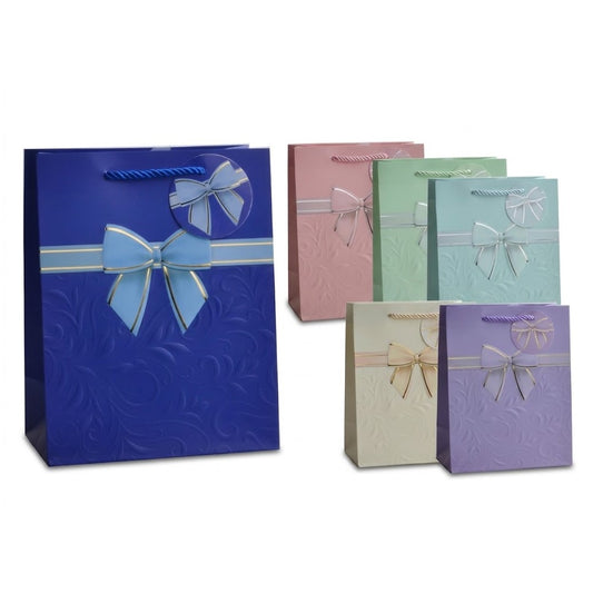 Giftrite Medium Embossed Floral Paper Gift Bags with Ribbon Bow Accent & Gift Tags, 9" x 7" x 4 - Assorted | Wholesale