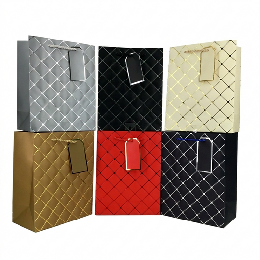 Set of six patterned gift bags in different colors on a white background