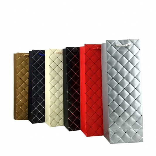 Set of diamond-patterned gift bags in various colors on a white background