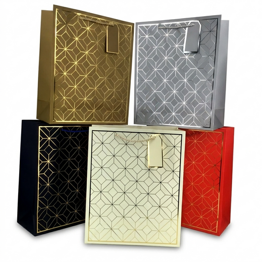 Five decorative boxes with geometric patterns in gold, black, red, and white on a white background.