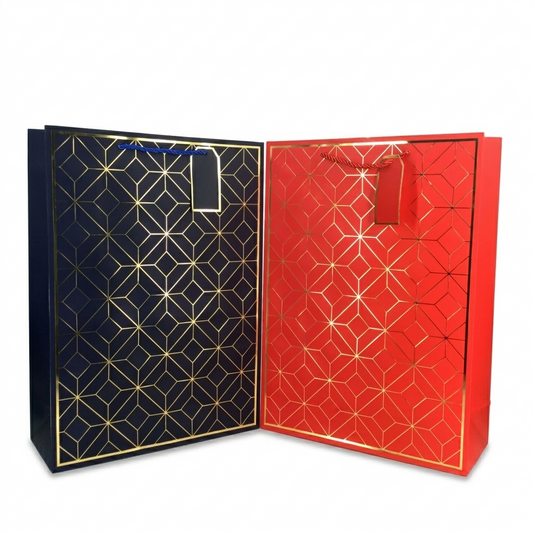 Two paper bags, one black and one red, with geometric patterns on a white background.
