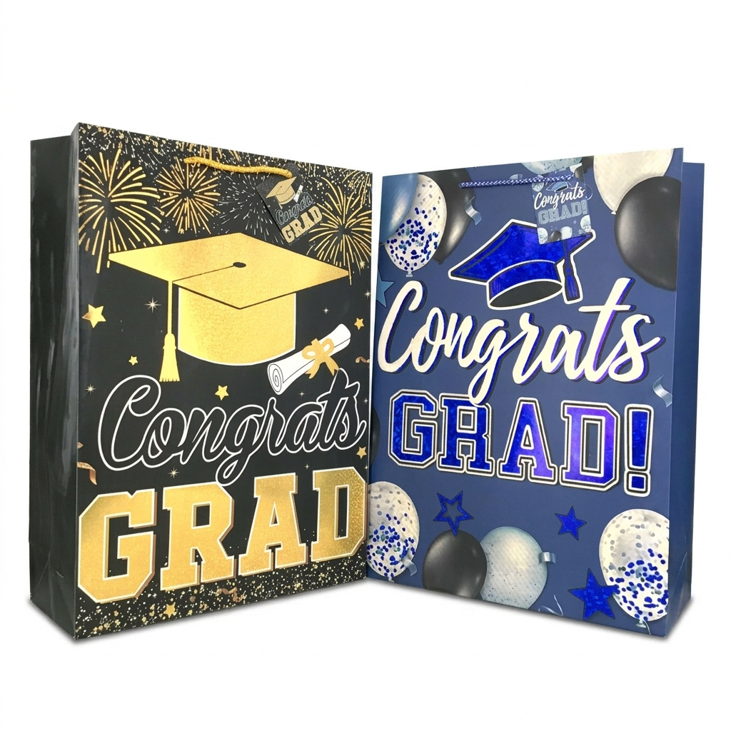 Two graduation-themed gift bags, one with a gold cap and diploma design and the other with a blue cap and balloons design, on a white background.