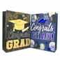 Two graduation-themed gift bags, one with a gold cap and diploma design and the other with a blue cap and balloons design, on a white background.