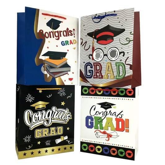 Four graduation-themed greeting cards with colorful designs and 'Congrats Grad!' text.