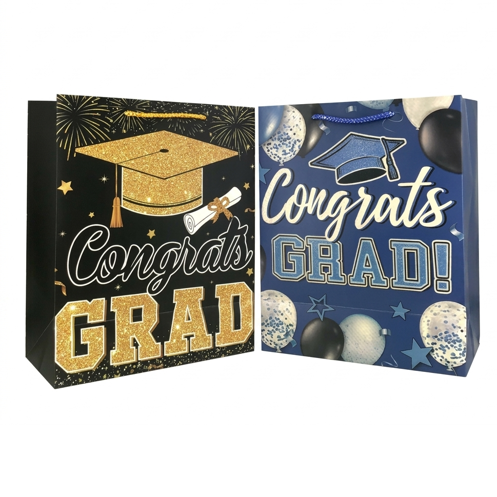 Two graduation-themed gift bags with 'Congrats Grad!' text on a white background.