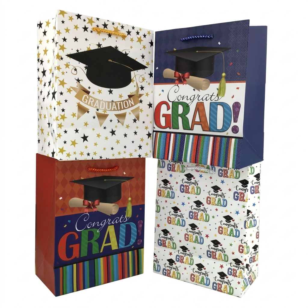 Graduation-themed gift bags with 'Congrats Grad!' text and caps on a white background