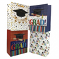 Graduation-themed gift bags with 'Congrats Grad!' text and caps on a white background