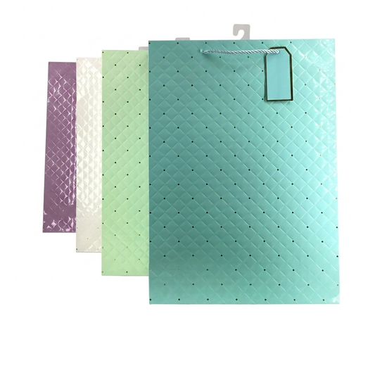 Set of four patterned paper bags in purple, green, and teal on a white background.
