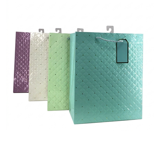 Set of four textured gift bags in purple, white, green, and teal on a white background.