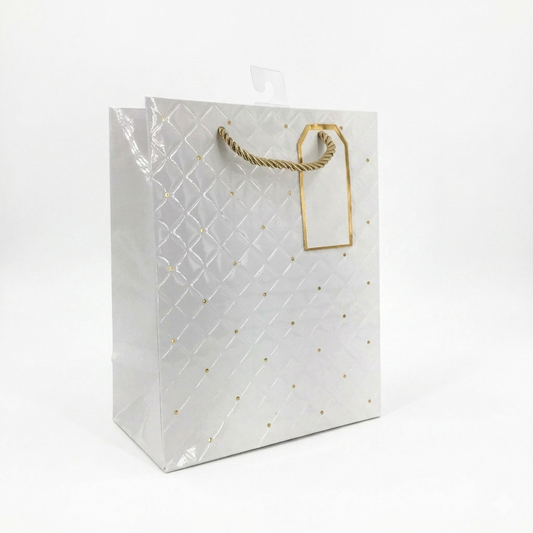 White gift bag with gold pattern and handle on a white background