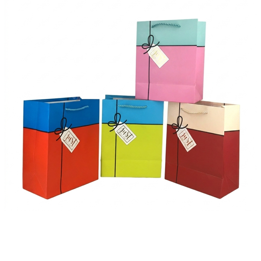 Set of colorful paper gift bags with tags on a white background